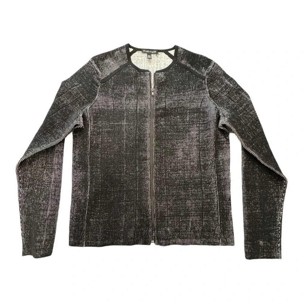 Eileen Fisher Black White Marled Knit Full Zip Collarless Jacket XS Professional